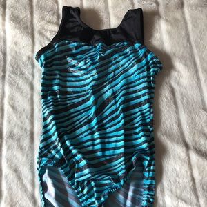 Blue and black zebra print gymnastics leotard